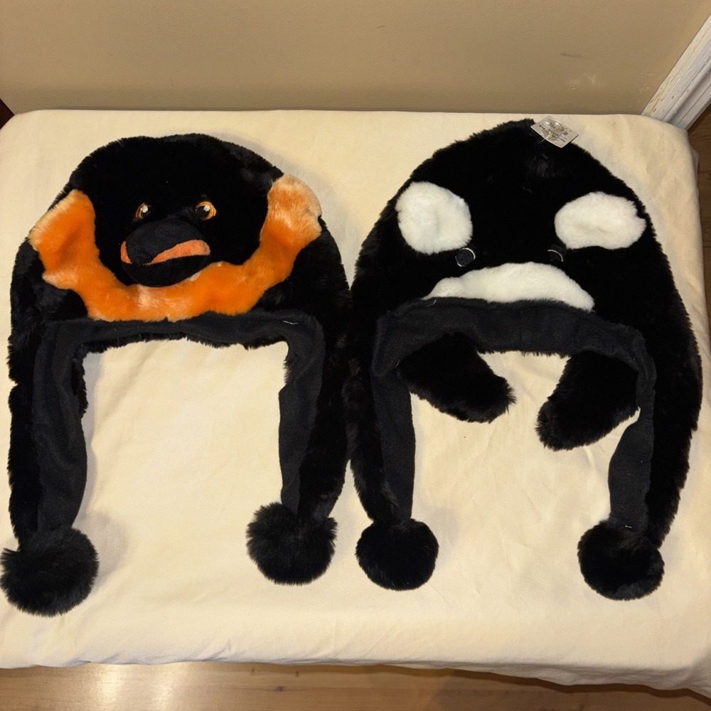 NWT Sea World Plush 3D Hat Lot Of 2 Orca Whale & Emperor Penguin Youth Adult